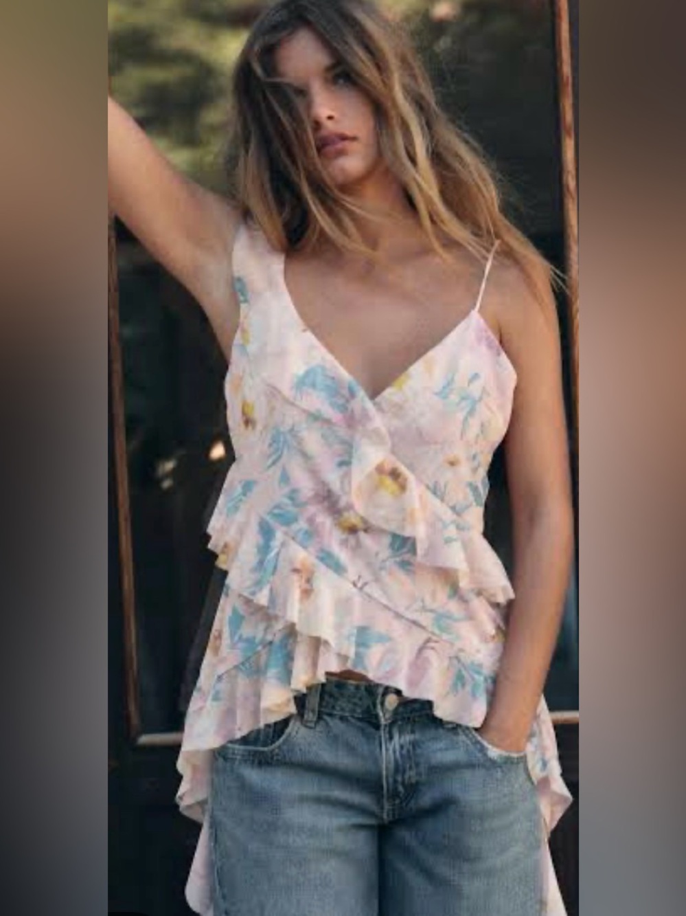 Zara Pink Floral Ruffle V-Neck Cami